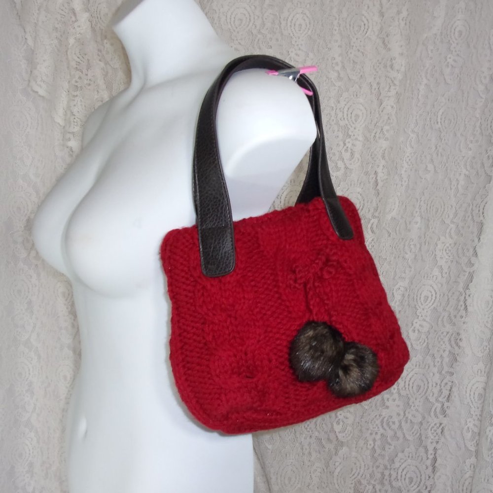 Fashion Handbag Red Knit with Mink Pom Pom Drawstring